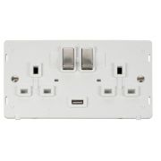 Click SIN570PWSS Stainless Steel Definity Ingot 2 Gang 13A 1x 2.1A USB-A Switched Socket Insert - White Insert