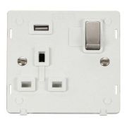 Click SIN571UPWSS Stainless Steel Definity Ingot 1 Gang 13A 1x 2.1A USB-A Switched Socket Insert - White Insert