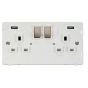 Click SIN580PWBS Brushed Steel Definity Ingot 2 Gang 13A 2x 2.1A USB-A Switched Socket Insert - White Insert