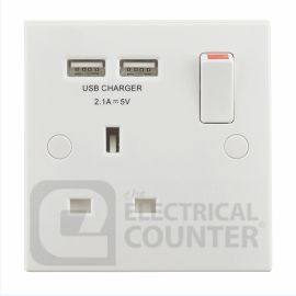 BG Electrical 921U2 Moulded White Square Edge 1 Gang 13A 1 Pole 2x USB-A 2.1A Switched Socket image