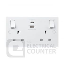 BG Electrical 922UAC30 Moulded White Square Edge 2 Gang 13A 1x USB-A 1x USB-C 3.1A 1 Pole Switched Socket