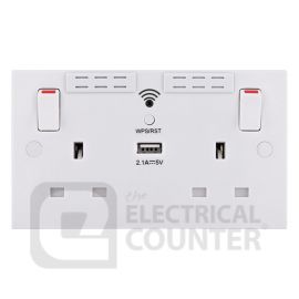BG Electrical 922UWR Moulded White Square Edge 2 Gang 13A 1x USB-A 2.1A Wi-Fi Range Extender 1 Pole Switched Socket image