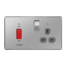 BG Electrical FBS70G Nexus Flatplate Screwless Brushed Steel 45A Switch 13A Switched Socket Neon Cooker Control Unit