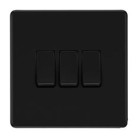 BG FFB43 Nexus Flatplate Screwless Matt Black 3 Gang 20A 16AX 2 Way Plate Switch image