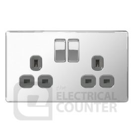BG Electrical FPC22G Nexus Flatplate Screwless 5 Pack Polished Chrome 2 Gang 13A 2 Pole Switched Socket - Grey Insert (5 Pack, 5.76 each)