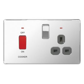BG Electrical FPC70G Nexus Flatplate Screwless Polished Chrome 45A Switch 13A Switched Socket Neon Cooker Control Unit - Grey Insert
