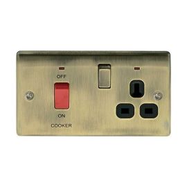 BG NAB70B Nexus Metal Antique Brass 45A 2 Pole Cooker Switch 13A Neon Switched Socket image