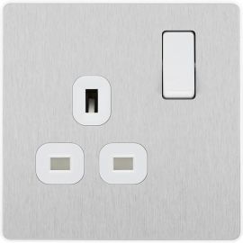 BG PCDBS21W Brushed Steel Evolve 1 Gang 13A Switched Socket Outlet - White Insert image