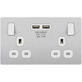 BG PCDBS22U3W Brushed Steel Evolve 2 Gang 13A 2x USB-A 3.1A Switched Socket Outlet - White Insert