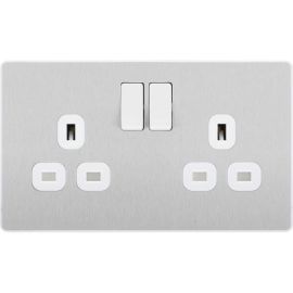 BG PCDBS22W Brushed Steel Evolve 2 Gang 13A Switched Socket Outlet - White Insert image