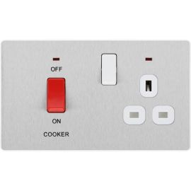 BG PCDBS70W Brushed Steel Evolve 45A 2 Pole Cooker Control Unit 13A Switched Socket - White Insert