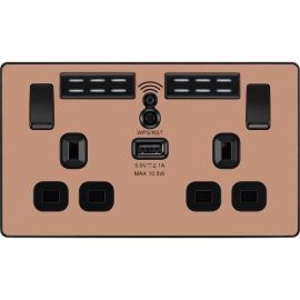 BG PCDCP22UWRB Polished Copper Evolve 2 Gang 13A 1x USB-A 2.1A Wi-FI Extender Switched Socket Outlet - Black Insert image