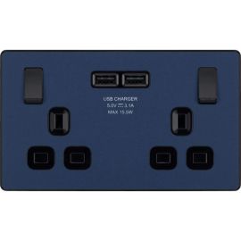 BG PCDDB22U3B Matt Blue Evolve 2 Gang 13A 2x USB-A 3.1A Switched Socket Outlet - Black Insert