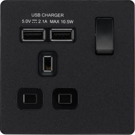 BG PCDMB21U2B Matt Black Evolve 1 Gang 13A 2x USB-A 2.1A Switched Socket Outlet - Black Insert image