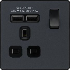 BG PCDMG21U2B Matt Grey Evolve 1 Gang 13A 2x USB-A 2.1A Switched Socket Outlet - Black Insert