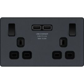 BG PCDMG22U3B Matt Grey Evolve 2 Gang 13A 2x USB-A 3.1A Switched Socket Outlet - Black Insert