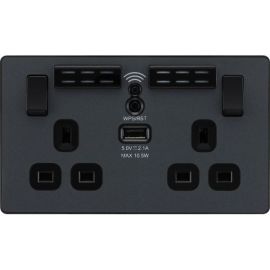 BG PCDMG22UWRB Matt Grey Evolve 2 Gang 13A 1x USB-A 2.1A Wi-FI Extender Switched Socket Outlet - Black Insert