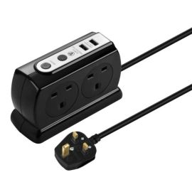Masterplug SRGDSU42PB Black 4 Socket 13A 2x USB-A 3.1A 2m Surge-Protected Extension Lead image