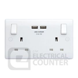 BG Electrical 822U3 USBeautiful 2 Gang Switched Socket Single Pole with 2x 3.1A Type A USB White Rounded Edge 13A