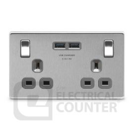 BG Electrical FBS22U3G USBeautiful Screwless Flat-Plate Double Switched Plug Socket Brushed Steel Grey Insert 2 USB 3.1A image