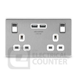 BG Electrical FBS22U3W USBeautiful Screwless Flat-Plate Double Switched Plug Socket Brushed Steel White Insert 2 USB 3.1A image