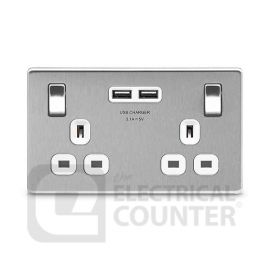 BG Electrical FBS22U3W USBeautiful Screwless Flat-Plate 10 Pack Double Switched Plug Socket Brushed Steel White Insert 2 USB 3.1A (10 Pack, 16.56 each) image