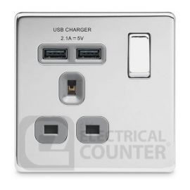 BG Electrical FPC21U2G USBeautiful Screwless Flat-Plate Single Switched Plug Socket Polished Chrome Grey Insert 2 USB 2.1A image