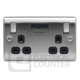 BG Electrical USBeautiful NBS22U3B Nexus Metal Double Switched Plug Socket Brushed Stainless Steel Black Insert 2 USB 3.1A image