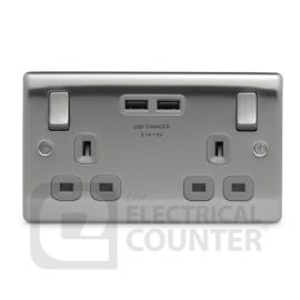 BG Electrical USBeautiful NBS22U3G Nexus Metal Double Switched Plug Socket Brushed Stainless Steel Grey Insert 2 USB 3.1A