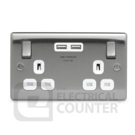 BG Electrical USBeautiful NBS22U3W Nexus Metal Double Switched Plug Socket Brushed Stainless Steel White Insert 2 USB 3.1A image