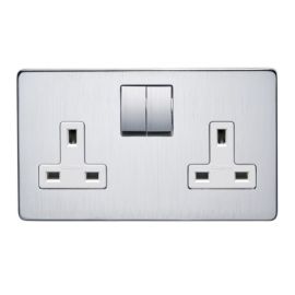 Crabtree 7316/SC/WH Screwless Satin Chrome 2 Gang 13A 2 Pole Switched Socket - White Insert