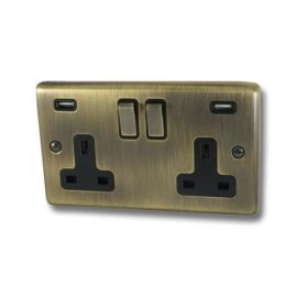 G and H Electrical CAB3910 Contour Antique Brass 2 Gang 13A 2x USB-A Brass Switched Socket - Black Insert