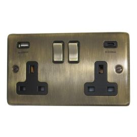 G and H Electrical CAB3911 Contour Antique Brass 2 Gang 13A USB-A USB-C Brass Switched Socket