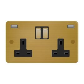 Satin Brass 2 Gang Switched Socket with 2 USBs - Black Insert image
