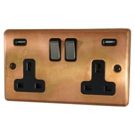 G and H Electrical CTC3910 Contour Tarnished Copper 2 Gang 13A 2x USB-A Black Nickel Switched Socket