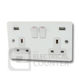 Flat Plate Matt White Double 2 Gang Switched Socket with 2 x USB 13A