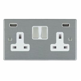 Hamilton 74SS2USBULTSS-W Hartland Satin Steel 2 Gang 13A 2 Pole 2x USB-A 2.4A Switched Socket - Steel and White Insert image