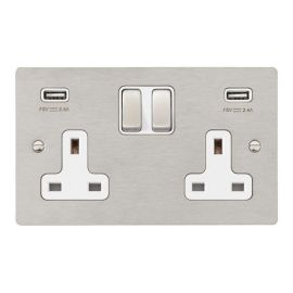Hamilton 84SS2USBULTSS-W Sheer Satin Steel 2 Gang 13A 2 Pole 2x USB-A 2.4A Switched Socket - Steel and White Insert