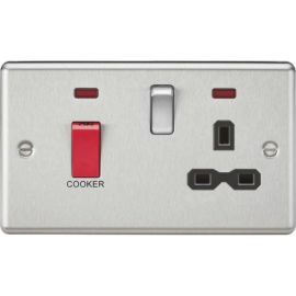 Knightsbridge CL83BC Rounded Edge Brushed Chrome 45A 2 Pole Cooker Switch 13A Neon Switched Socket - Black Insert