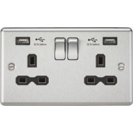 Knightsbridge CL9224BC Brushed Chrome Rounded Edge 2 Gang 13A 2x USB-A 2.4A Switched Socket - Black Insert image