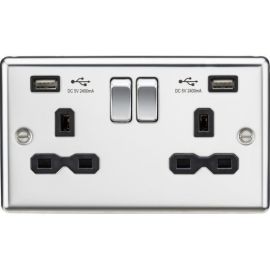 Knightsbridge CL9224PC Polished Chrome Rounded Edge 2 Gang 13A 2x USB-A 2.4A Switched Socket - Black Insert