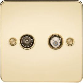 Knightsbridge FP0140PB Flat Plate Polished Brass 2 Gang Isolated TV and SAT TV Outlet image