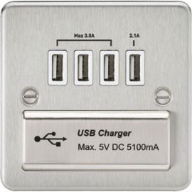 Knightsbridge FPQUADBCW Flat Plate Brushed Chrome 4x USB-A 5.1A Charger Outlet - White Insert image