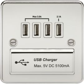 Knightsbridge FPQUADPCW Flat Plate Polished Chrome 4x USB-A 5.1A Charger Outlet - White Insert image