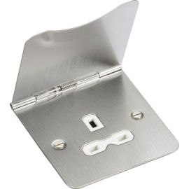 Knightsbridge FPR7UBCW Flat Plate Brushed Chrome 1 Gang 13A Unswitched Floor Socket - White Insert image