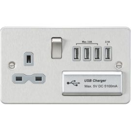 Knightsbridge FPR7USB4BCG Flat Plate Brushed Chrome 1 Gang 13A Switched Socket 4x USB-A 5.1A Outlet - Grey Insert image