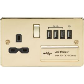 Knightsbridge FPR7USB4PB Flat Plate Polished Brass 1 Gang 13A 4x USB-A 5.1A Switched Socket