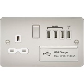 Knightsbridge FPR7USB4PLW Flat Plate Pearl Nickel 1 Gang 13A Switched Socket 4x USB-A 5.1A Charger Outlet image
