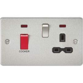 Knightsbridge FPR8333NBC Flat Plate Brushed Chrome 45A 2 Pole Switch 13A 1 Gang Neon Switched Socket - Black Insert image