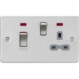Knightsbridge FPR83MNBCG Flat Plate Brushed Chrome 2 Gang 45A 2 Pole Switch 13A Switched Socket Neon Cooker Unit - Grey Insert